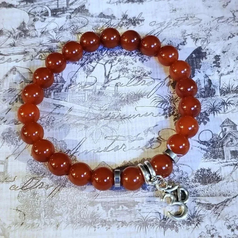 Om Aum Zen Mantra Red Carnelian Gemstone Stretch Bracelet - Picture 4 of 7